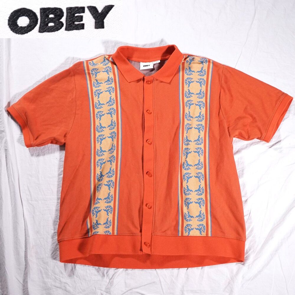 Obey Aztec Beach Shirt Orange Short Sleeve Button Up Mens XL